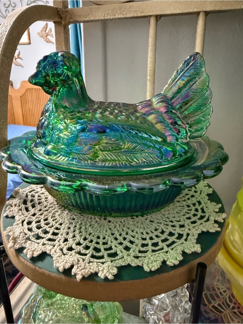 Mosser hen on nest in green carnival, Not vintage, 6.5 inch